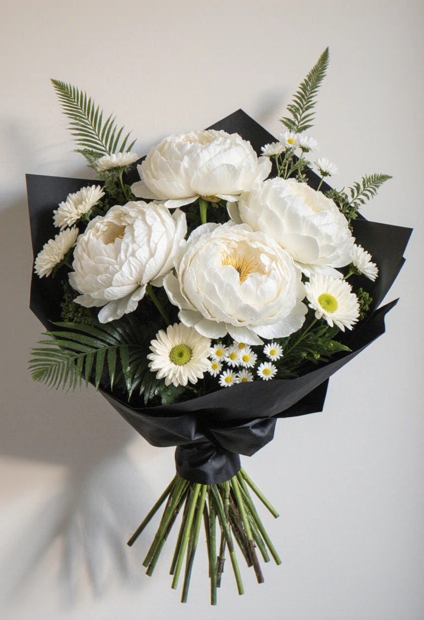Buchet rotund de bujori albi, lisianthus crem și margarete, în hârtie neagră mată, fotografiat în lumină naturală.