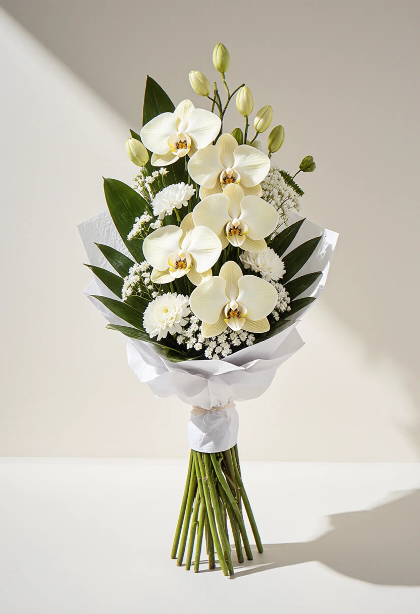 Buchet vertical de orhidee crem, gypsophila și garoafe albe, în hârtie albă, pe fundal alb de studio.