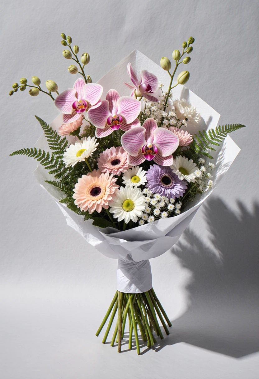 Buchet de mireasă în cascadă cu orhidee roz pudrat, gerbera roz și gypsophila, în hârtie albă, pe fundal gri delicat.