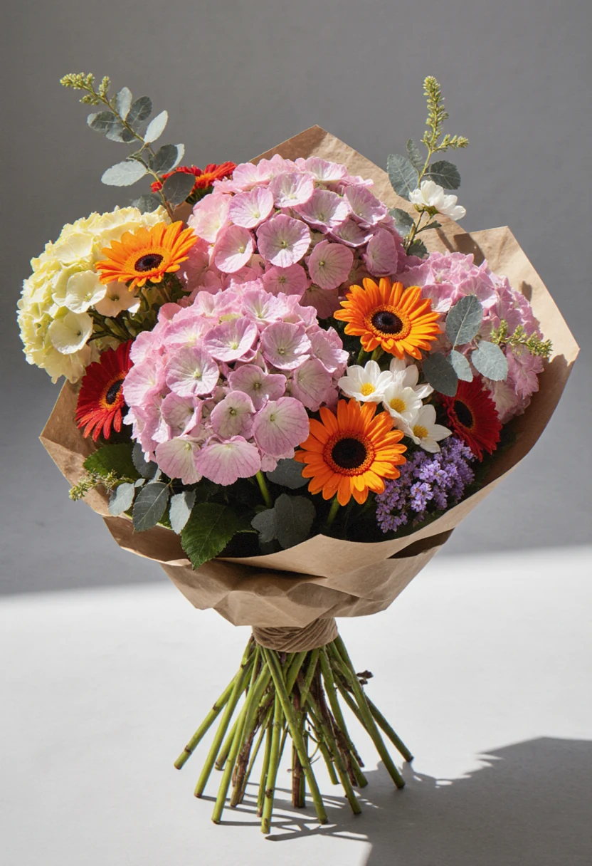 Buchet hand-tied cu hortensie roz, gerbera și frezii portocalii și eucalipt, în hârtie kraft, pe fundal gri delicat.