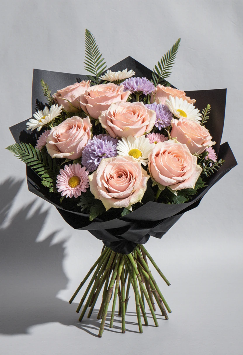 Buchet hand-tied de trandafiri roz pudrat, margarete roz și garoafe lila, în hârtie neagră mată, pe fundal gri.