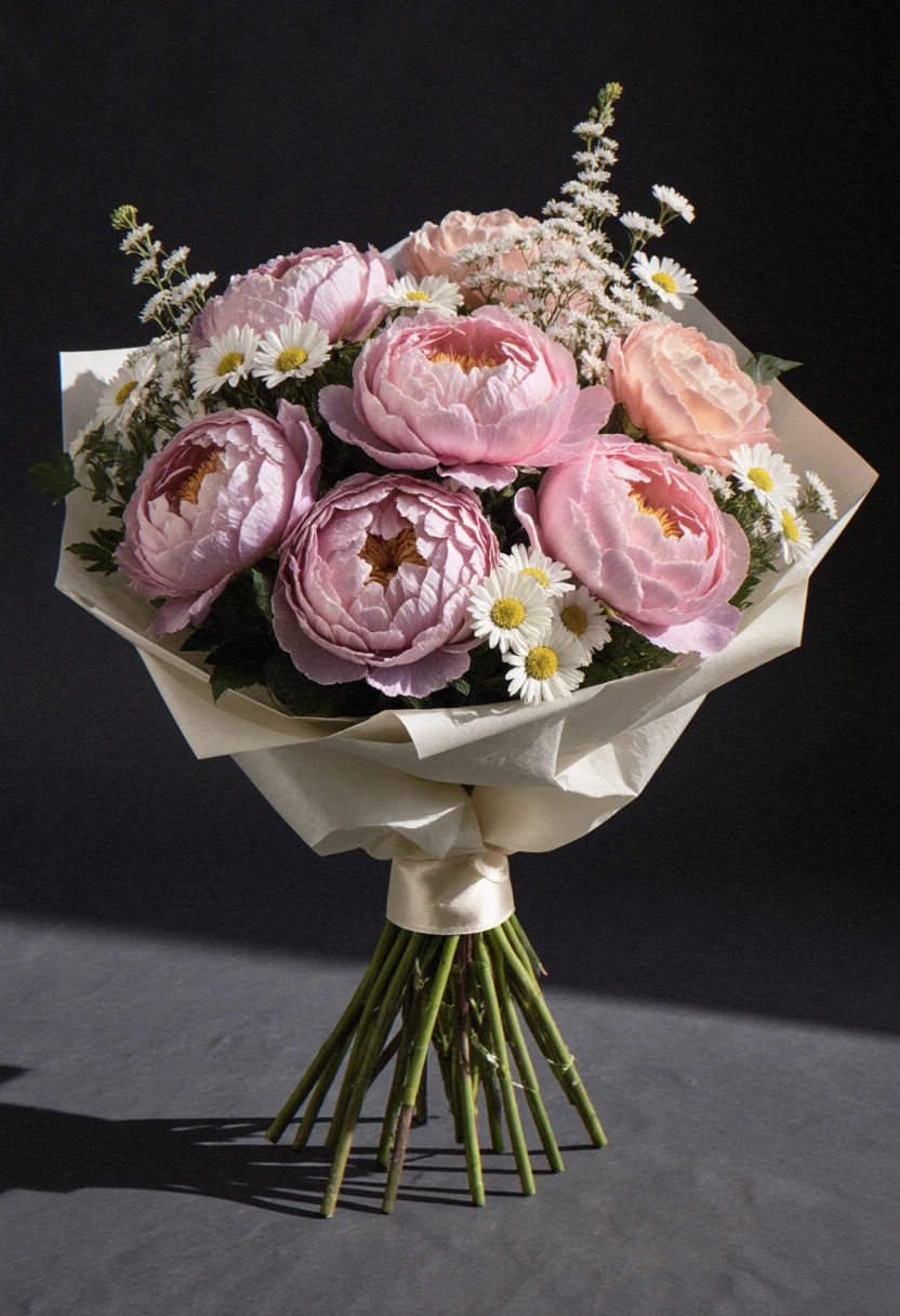 Buchet rotund de bujori roz, margarete și gypsophila albă, în hârtie satinată ivoire, pe fundal negru elegant.
