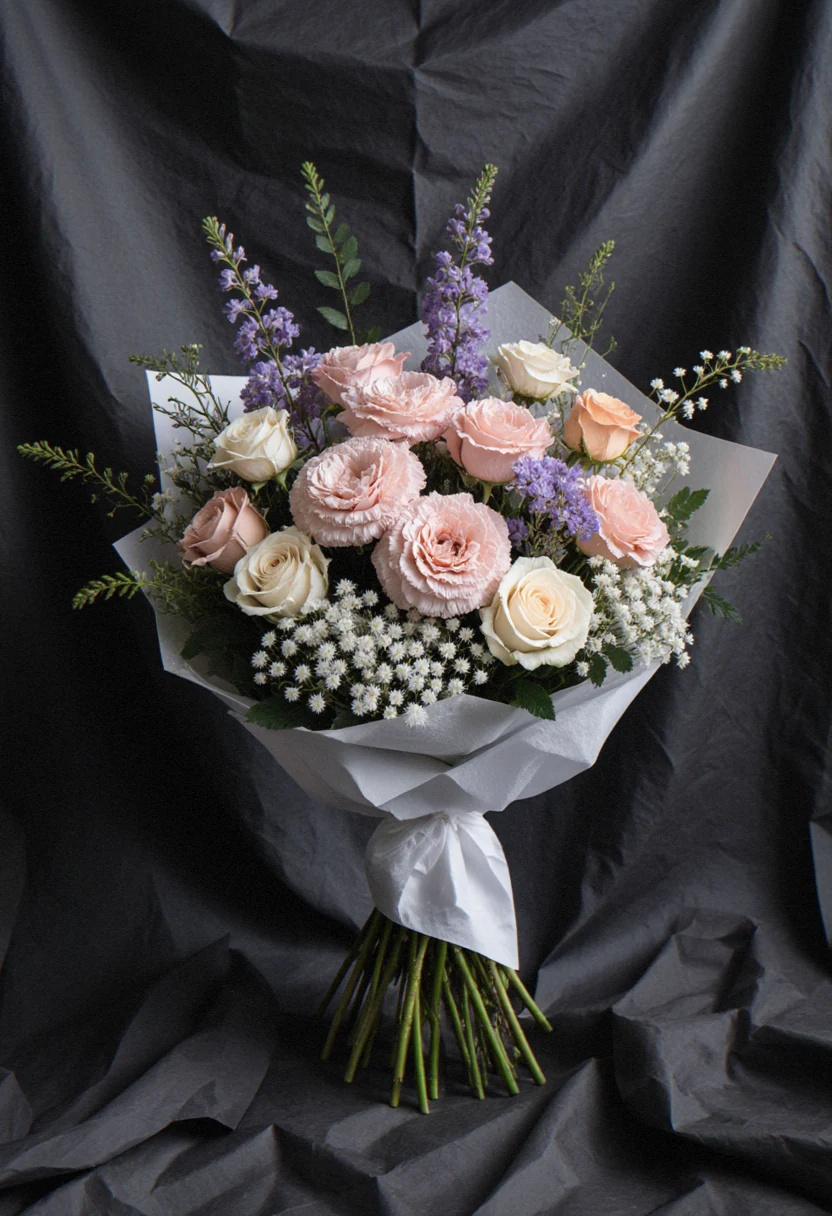 Buchet cu lisianthus roz pudrat, trandafiri, frezii crem și gypsophila, în hârtie albă, fotografiat pe fundal negru