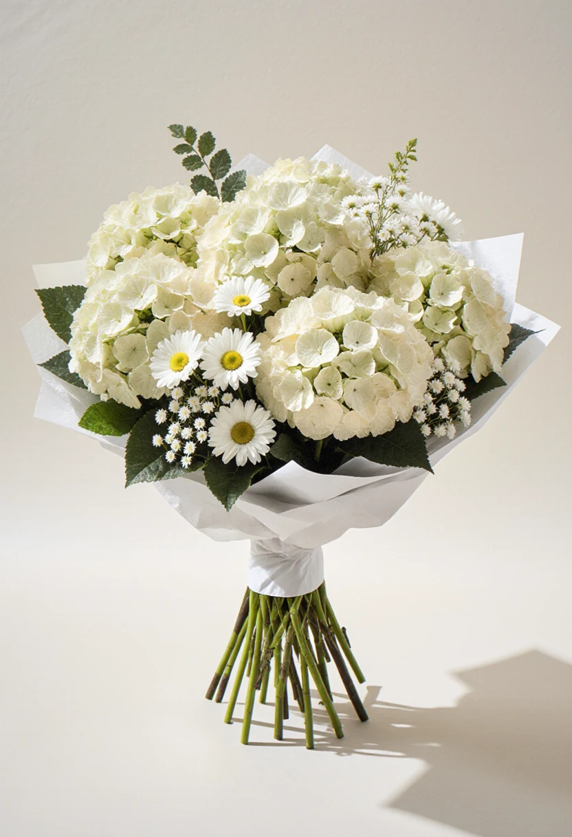 Buchet legat manual cu hortensii crem, margarete albe, garoafe și gypsophila, în hârtie albă, pe fundal alb de studio