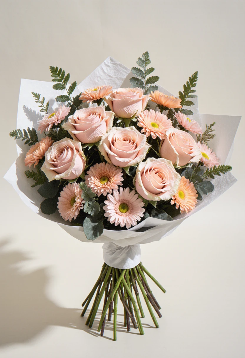Buchet rotund compact cu trandafiri roz pudrat, alstroemeria și garoafe piersică, margarete roz, în hârtie albă, fundal alb