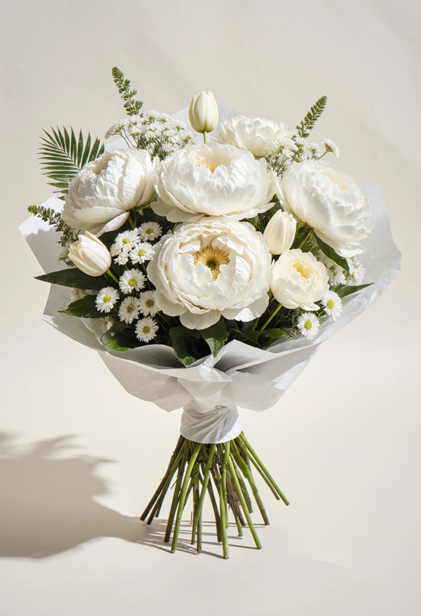 Buchet asimetric cu bujori albi, lalele, crizanteme și gypsophila, frunze de robellini, hârtie albă, fundal alb de studio
