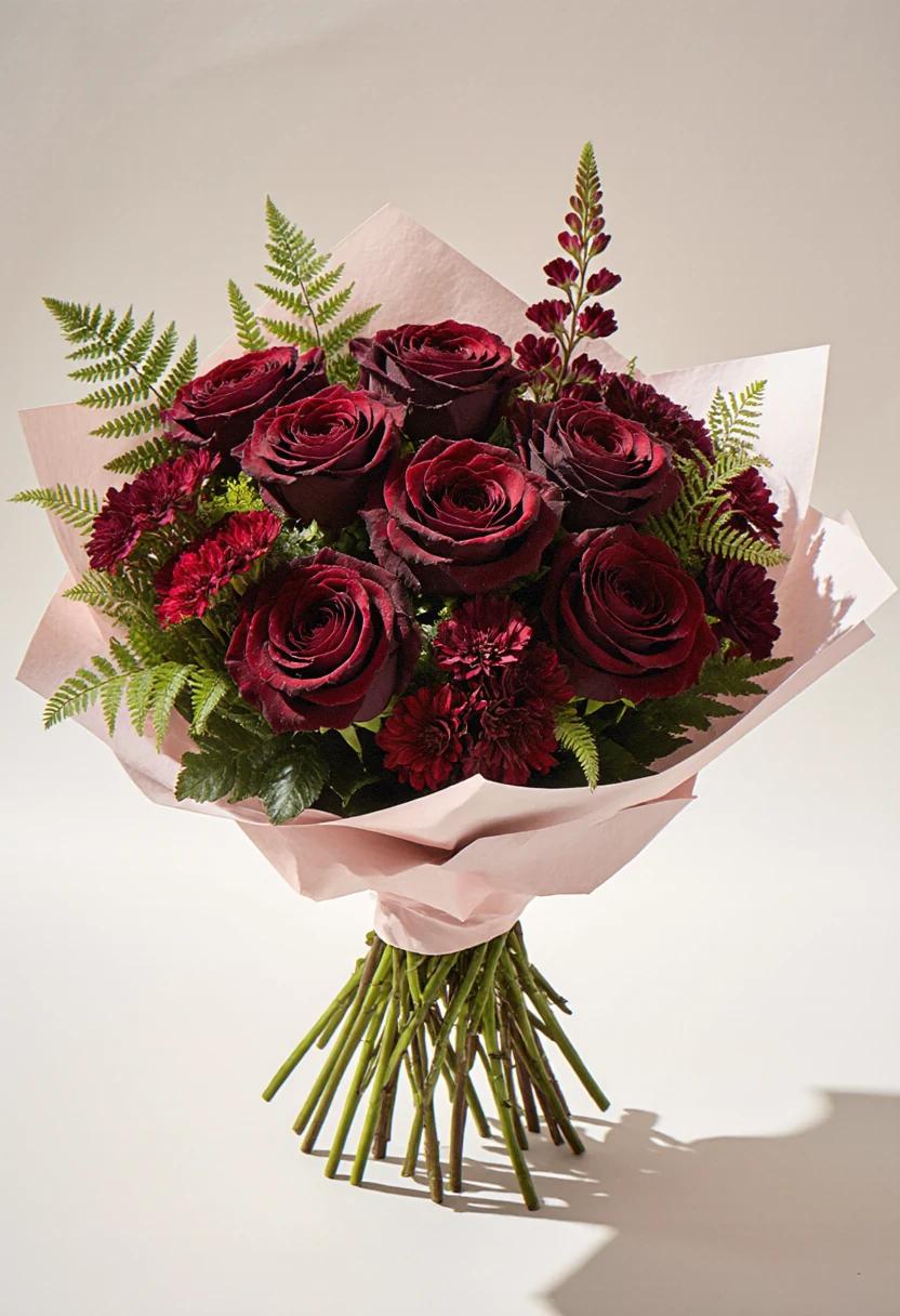 Buchet cu trandafiri bordo, frezii roșii, alstroemeria și minirosa, ferigă verde, în hârtie roz pudrat, pe fundal alb