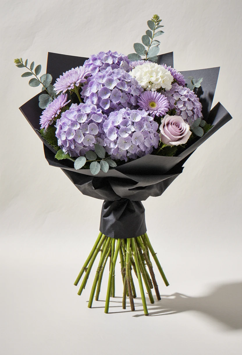 Buchet vertical de hortensii mov, minirosa și crizanteme lavandă, în hârtie neagră mată, pe fundal alb de studio.