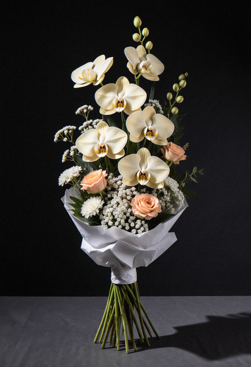 Buchet de orhidee crem, gypsophila albă și garoafe piersică, în foiță albă, pe fundal negru elegant.