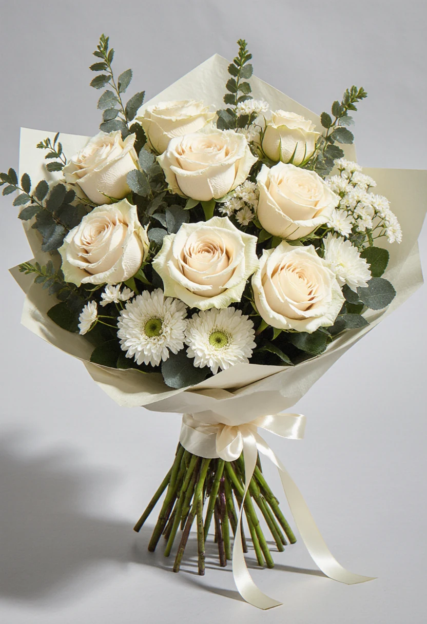Buchet rotund de trandafiri, lisianthus și frezii crem cu ruscus verde, în hârtie satinată ivoire, pe fundal gri pal.