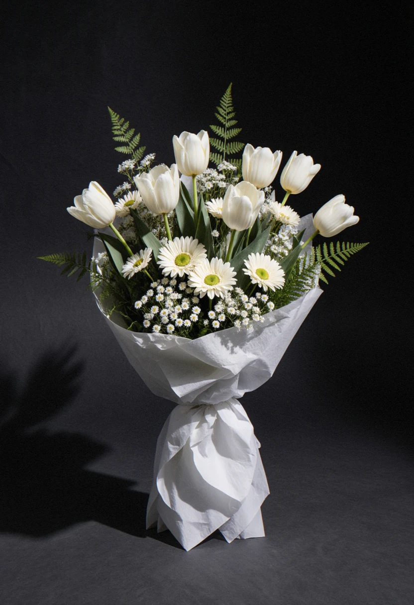Buchet rotund de lalele și gerbera albe cu gypsophila, în foiță albă, pe fundal negru elegant.