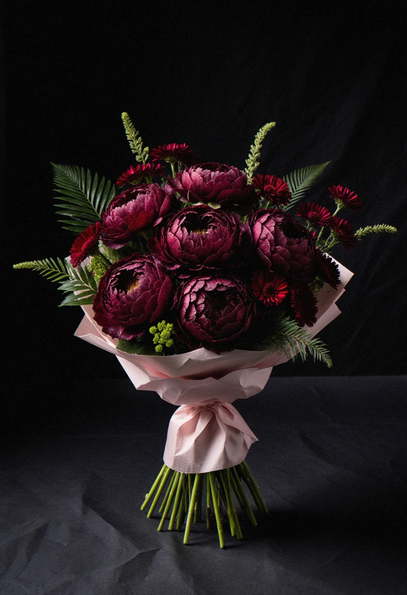 Buchet legat manual cu bujori și lisianthus bordo, margarete și robellini, în hârtie roz pudrat, pe fundal negru