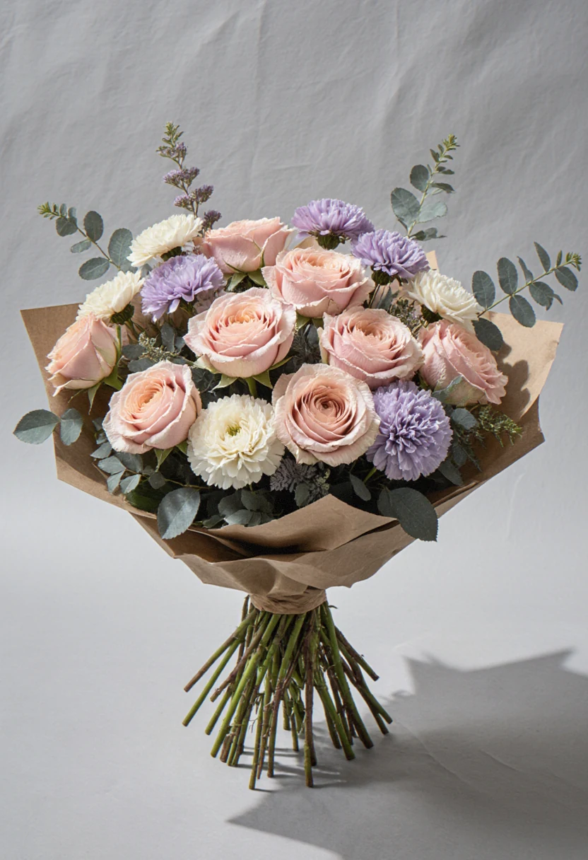 Buchet aerat cu trandafiri roz pudrat, ranunculus crem, garoafe lavandă și eucalipt, în hârtie kraft, pe fundal gri