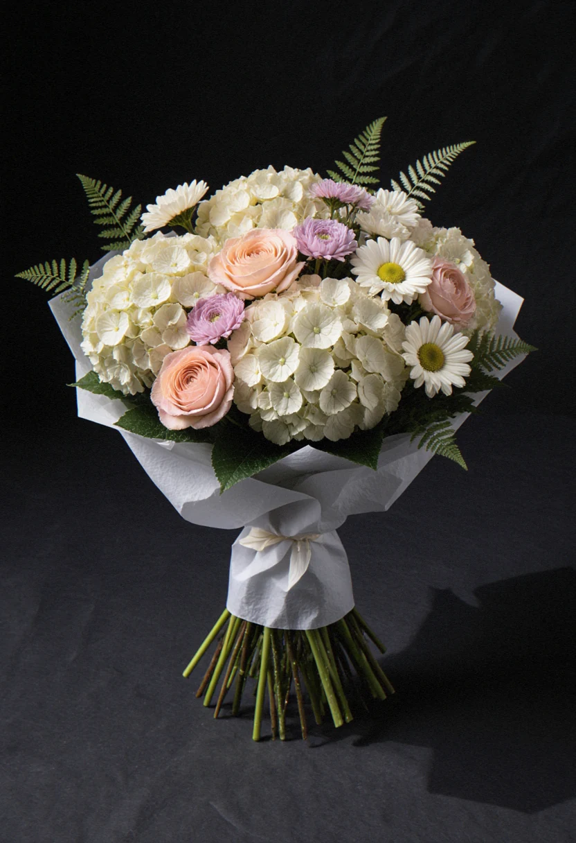 Buchet rotund cu hortensii și ranunculus crem și margarete roz, în hârtie de mătase albă, pe fundal negru elegant