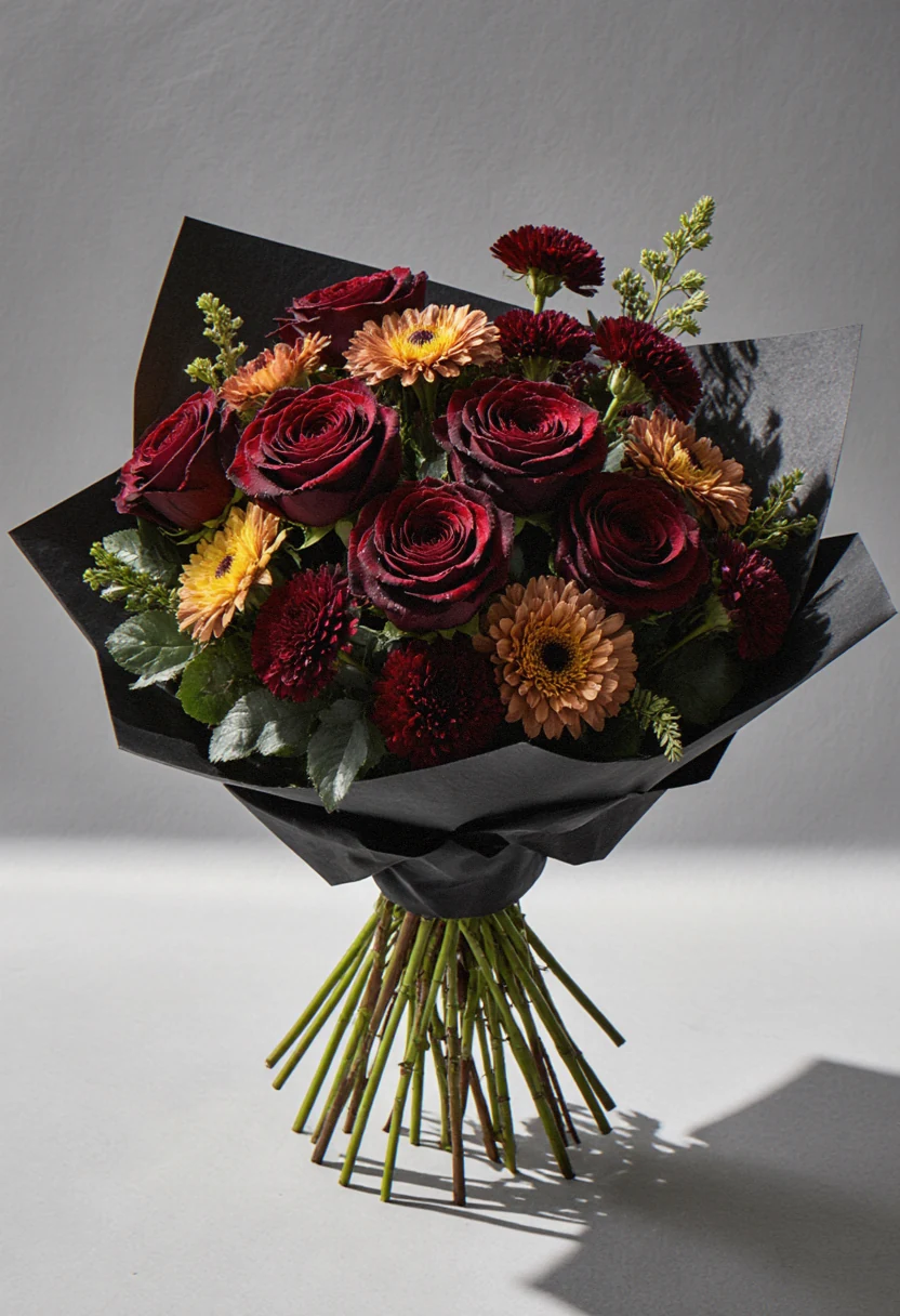 Buchet lejer de trandafiri, garoafe și alstroemeria bordo, în hârtie neagră mată, pe fundal gri delicat