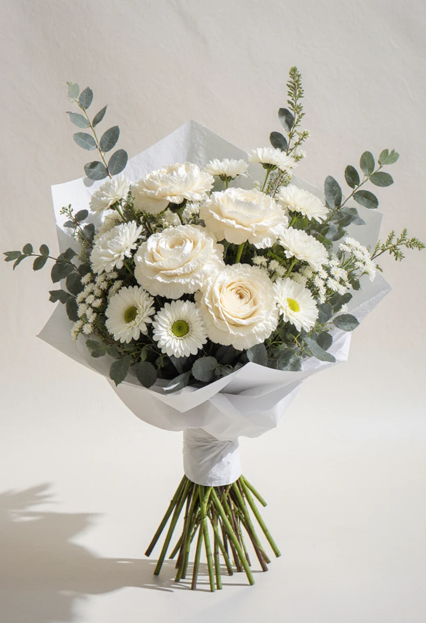 Buchet asimetric de lisianthus crem, gerbera și garoafe albe cu eucalipt, în hârtie albă, pe fundal alb de studio