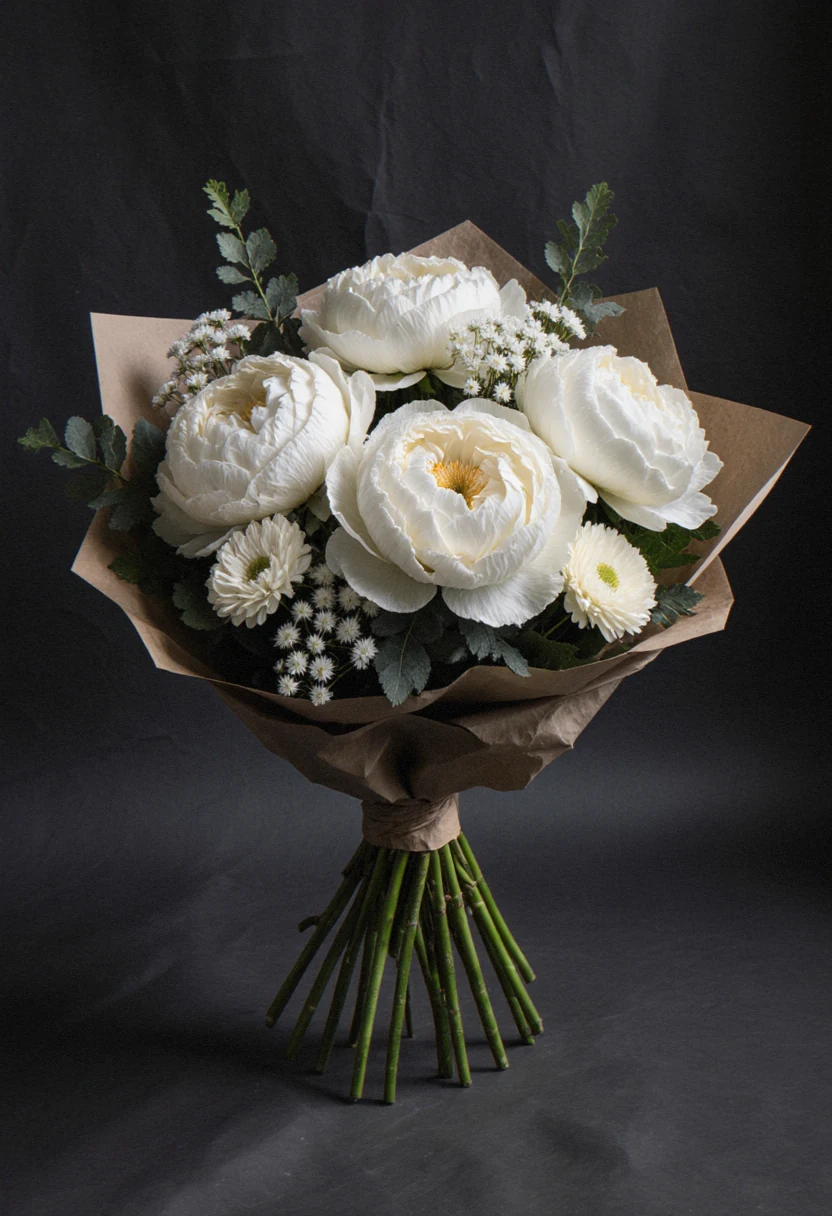 Buchet de bujori albi cu frezii crem și gypsophila, în hârtie kraft, pe fundal negru elegant