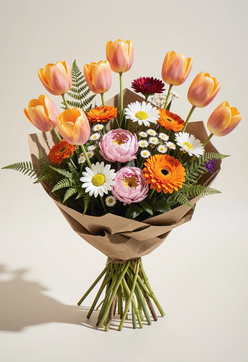 Buchet legat de mână cu lalele și ranunculus portocalii, margarete roz și gypsophila, în hârtie kraft, fundal alb.