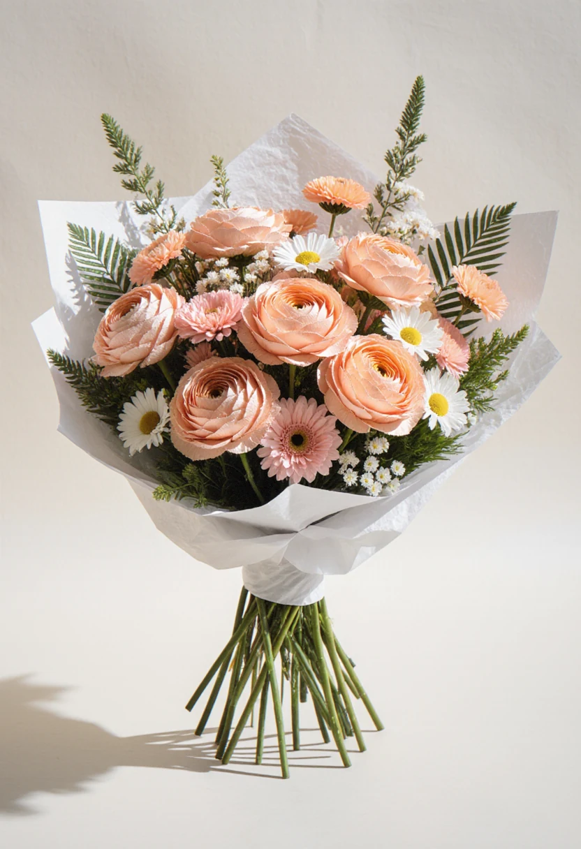 Buchet de ranunculus și frezii piersică cu margarete roz, legat în hârtie albă, fotografiat pe fundal alb.