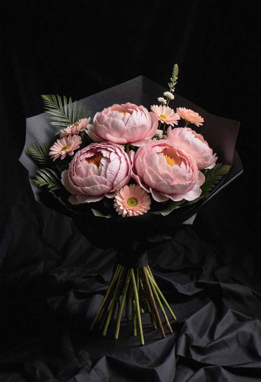 Buchet rotund de bujori roz cu lisianthus și margarete roz, în hârtie neagră mată, pe fundal negru.