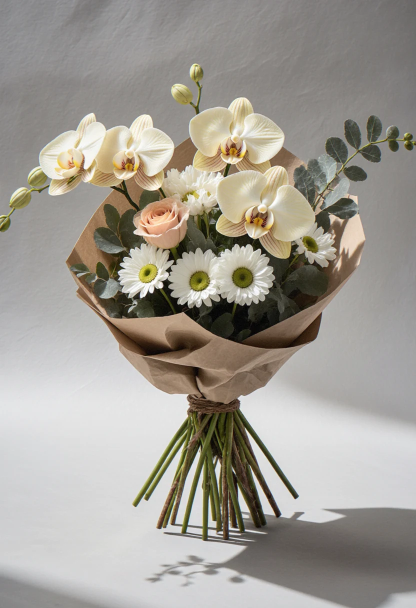 Buchet rotund cu orhidee crem, alstroemeria și margarete albe, în hârtie kraft, pe fundal gri moale.