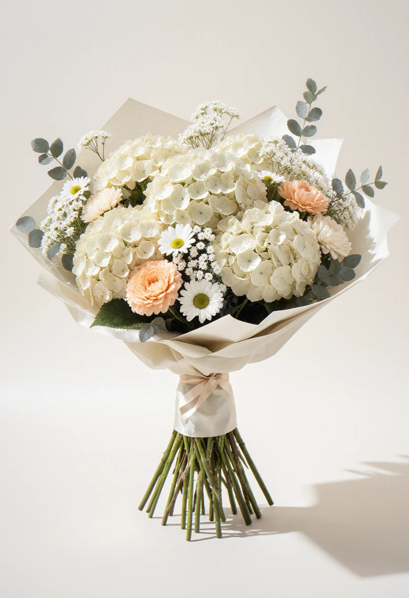 Buchet rotund de mireasă cu hortensii crem, gypsophila și garoafe piersică, în satin ivoriu, pe fundal alb de studio.