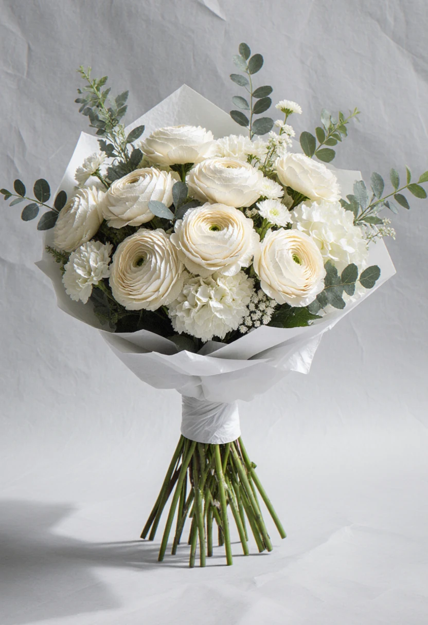 Buchet legat manual cu ranunculus crem, garoafe albe, hortensii și eucalipt, în hârtie albă, pe fundal gri deschis.
