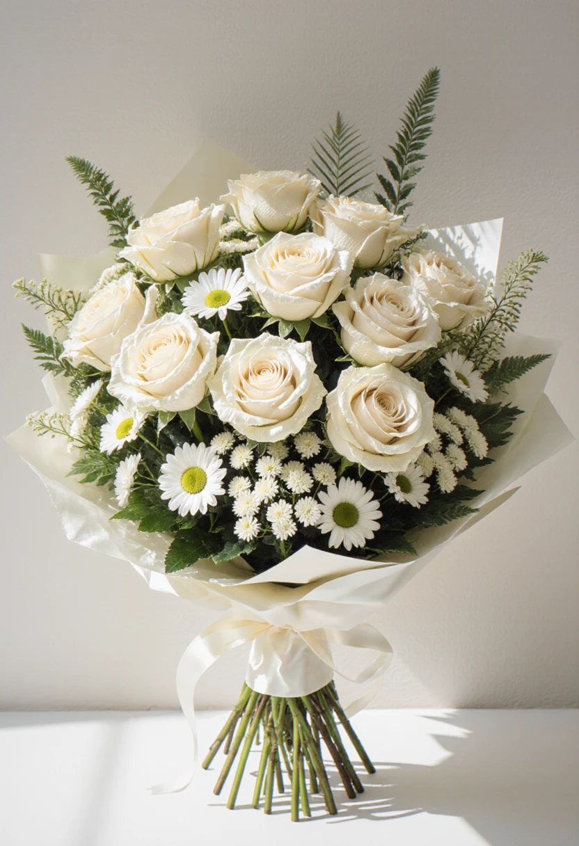 Buchet legat manual cu trandafiri crem, gerbera albe și frezii, în hârtie de satin ivoriu, în lumină naturală.